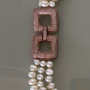 Triple Strand Freshwater Pearl Necklace Sterling Silver 925 CZ Clasp Statement